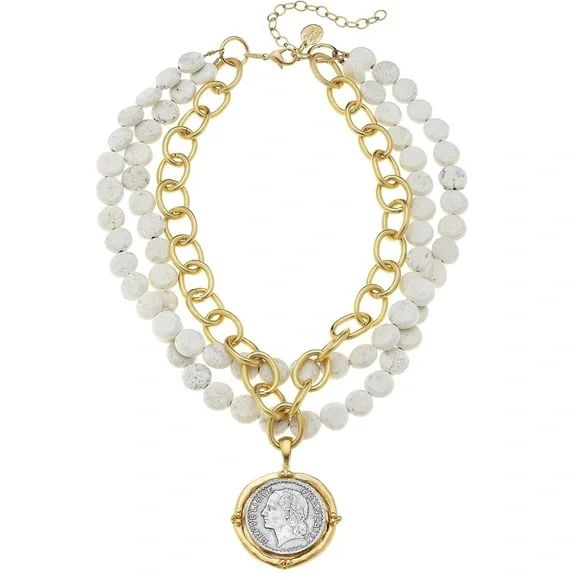 Susan Shaw Mixed Metal Coin Multi-Strand White Turquoise Coin Necklace - Picture 7 of 9